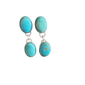 Kingman Turquoise Stones & Sterling Silver Dangle Earrings Handmade In Montana